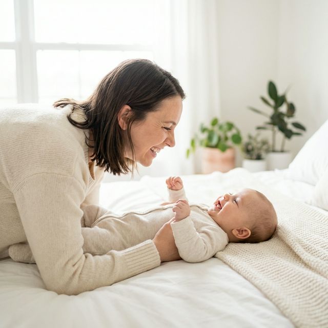 Mãe sorrindo e se conectando com o bebê feliz